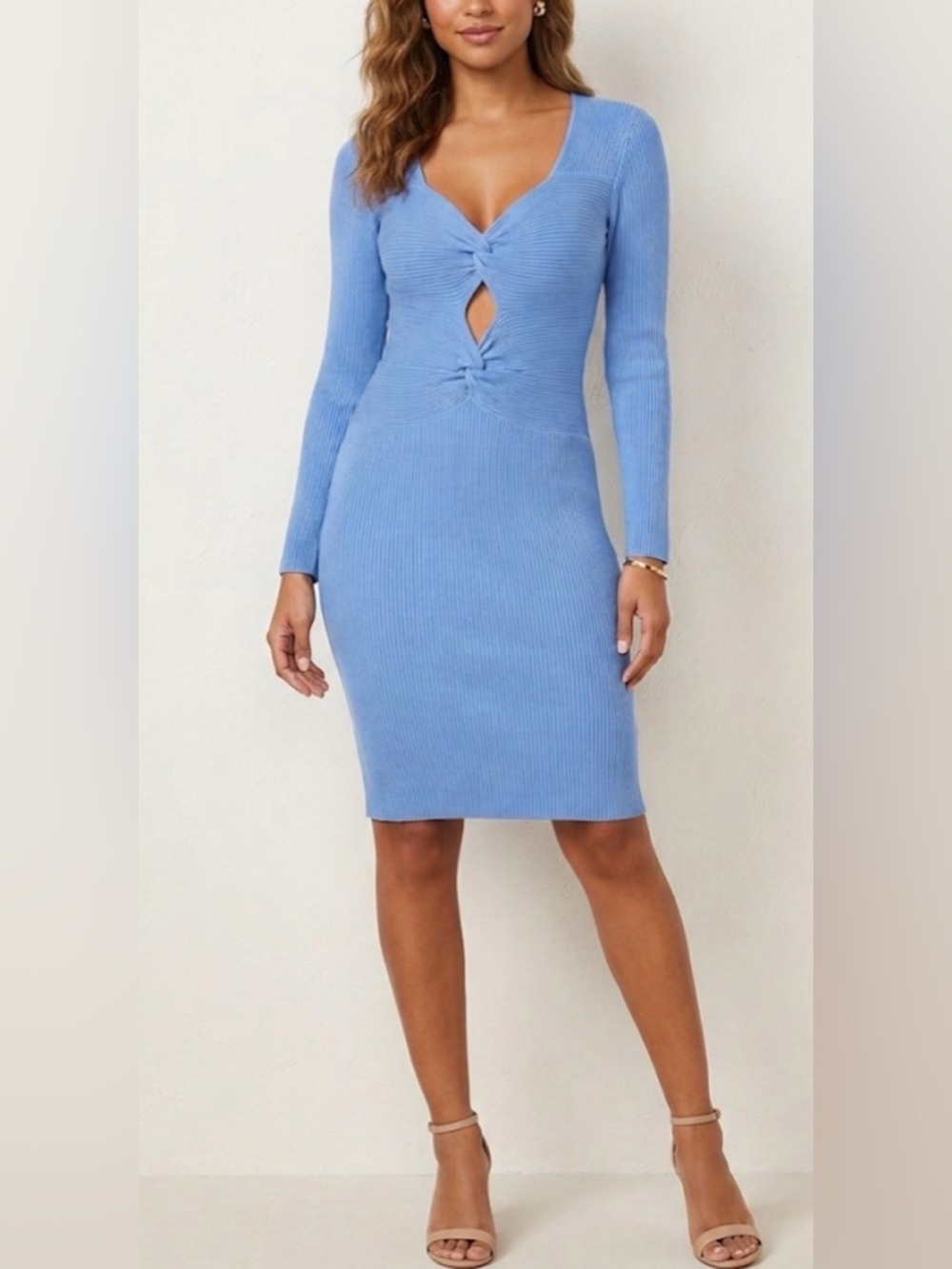VENUS Periwinkle Ribbed Knit Long Sleeve Midi Dress with Front Twist Size XL